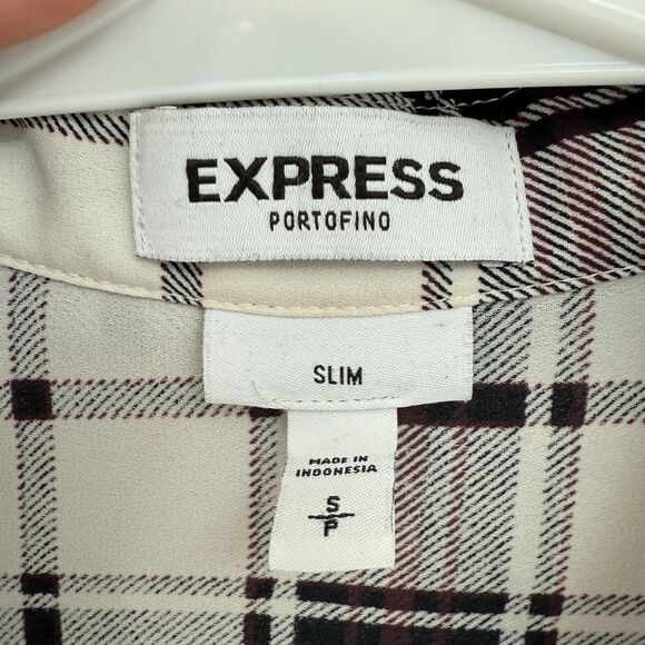 Express Black White Maroon Plaid Slim Portofino Shirt Women’s Size Small - Picture 3 of 5